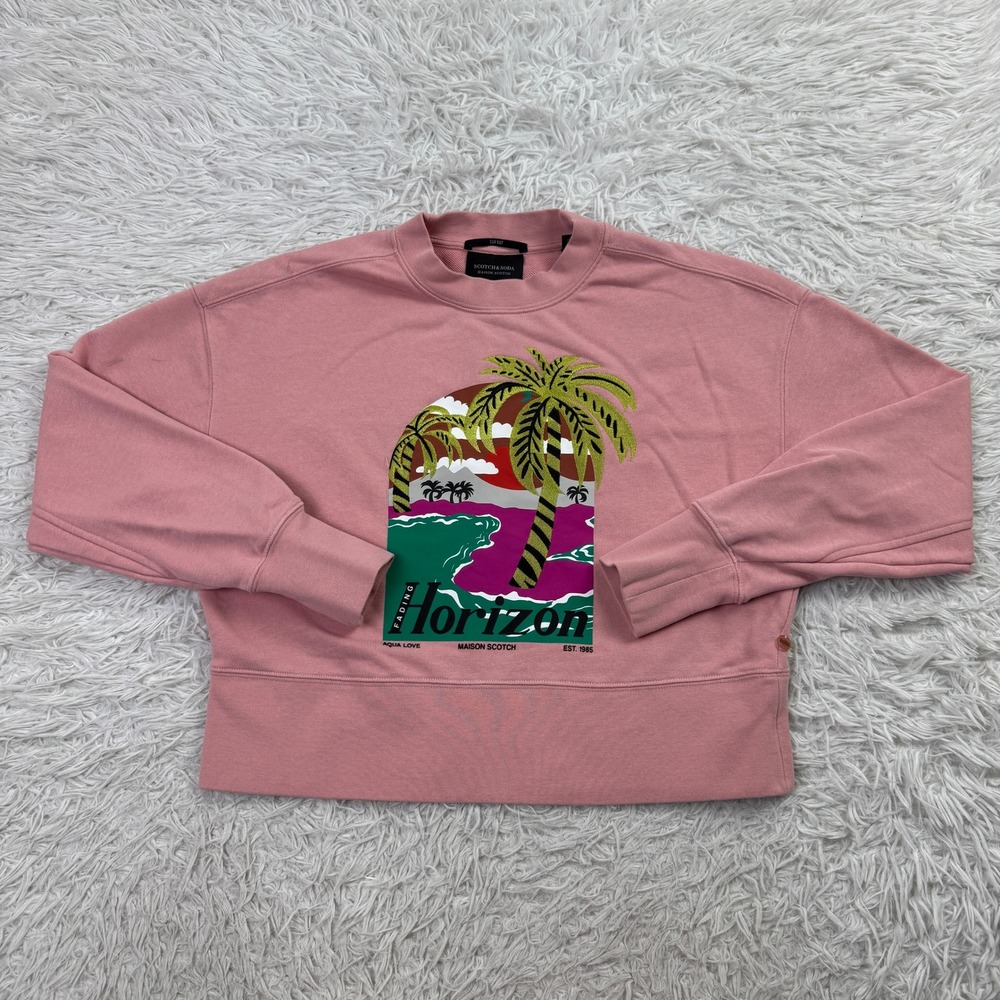 Scotch & Soda Sweater Womens XS Pink Horizon Graphic Print Cropped Sweatshirt